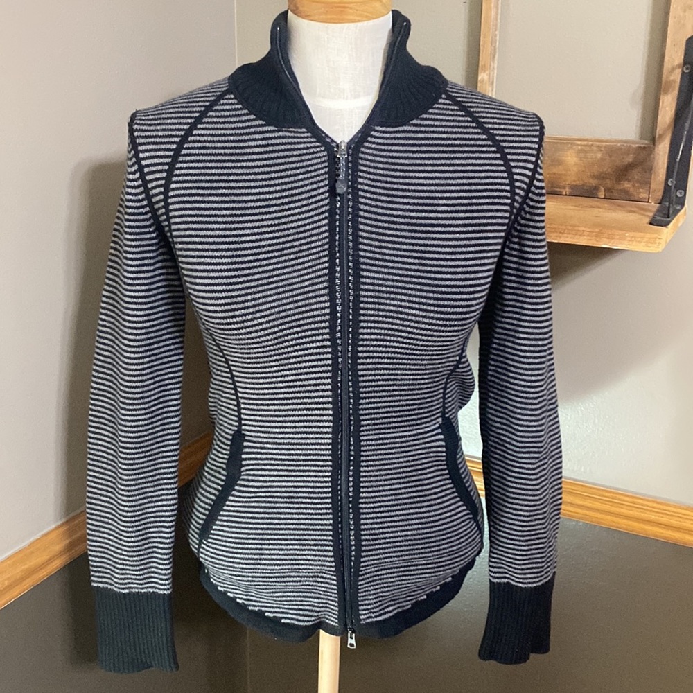 Eddie Bauer black & gray striped zip up sweater jacket size XS